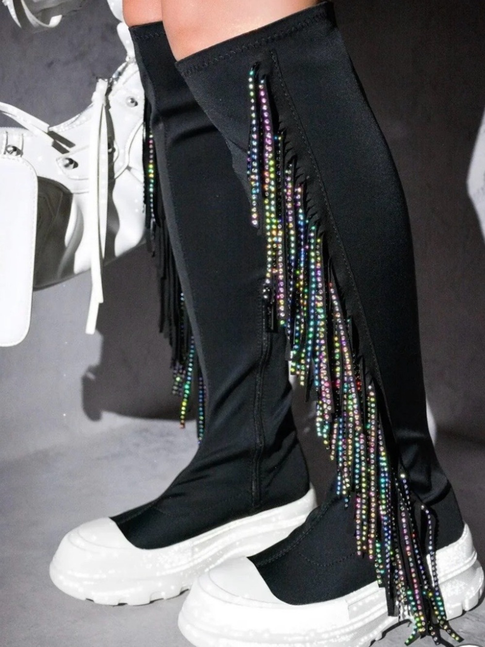 Cape Robbin ARETHA - BLACK THIGH HIGH BOOTS with Multicolor Beaded Fringe